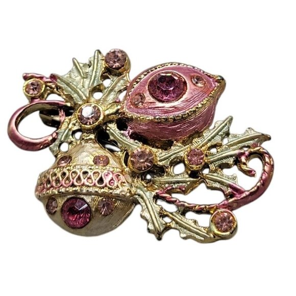 Christmas Ornament Brooch Pink & Gold Balls on Tree Branch Rhinestone Accents - Picture 4 of 7